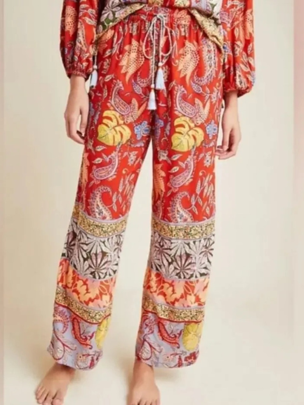 Anthropologie Red Paisley Printed Wide-Leg Pants with Yellow Accents